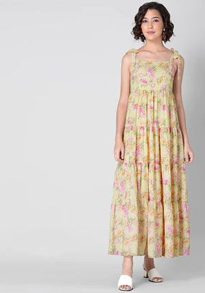 Yellow Pink Floral Tie Up Maxi Dress ...